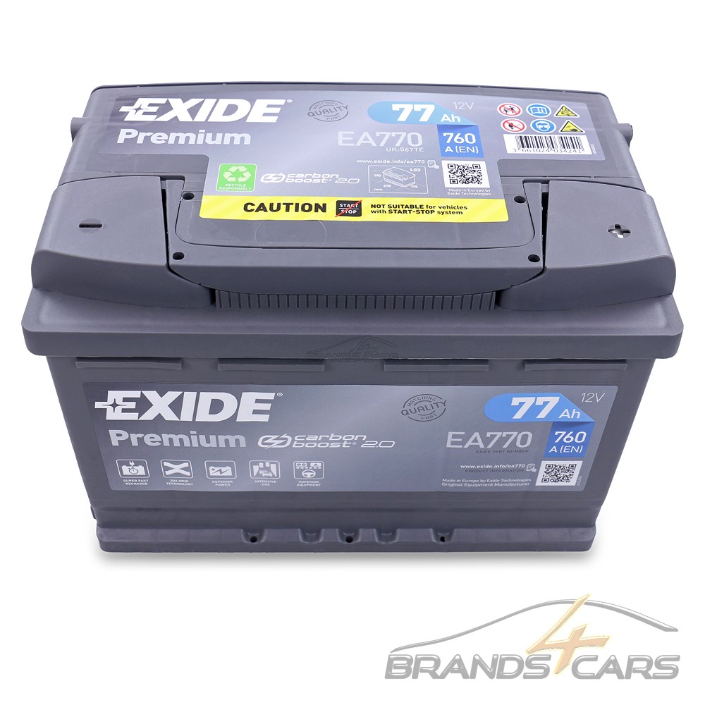 EXIDE AUTOBATTERIE 12V 77Ah STARTERBATTERIE 760A EA770 PREMIUM CARBON ...