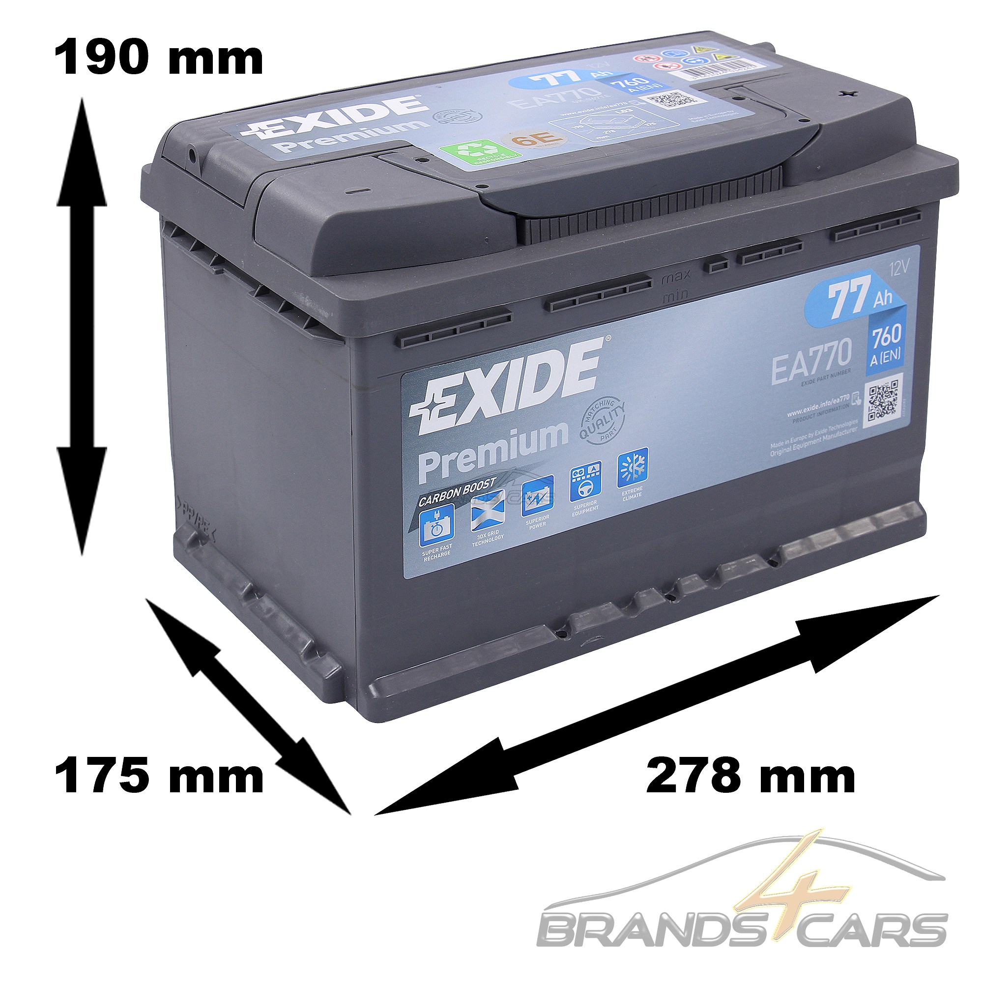 AUTOBATTERIE PKW-BATTERIE EXIDE EA770 PREMIUM CARBON BOOST 77-AH 760-A ...